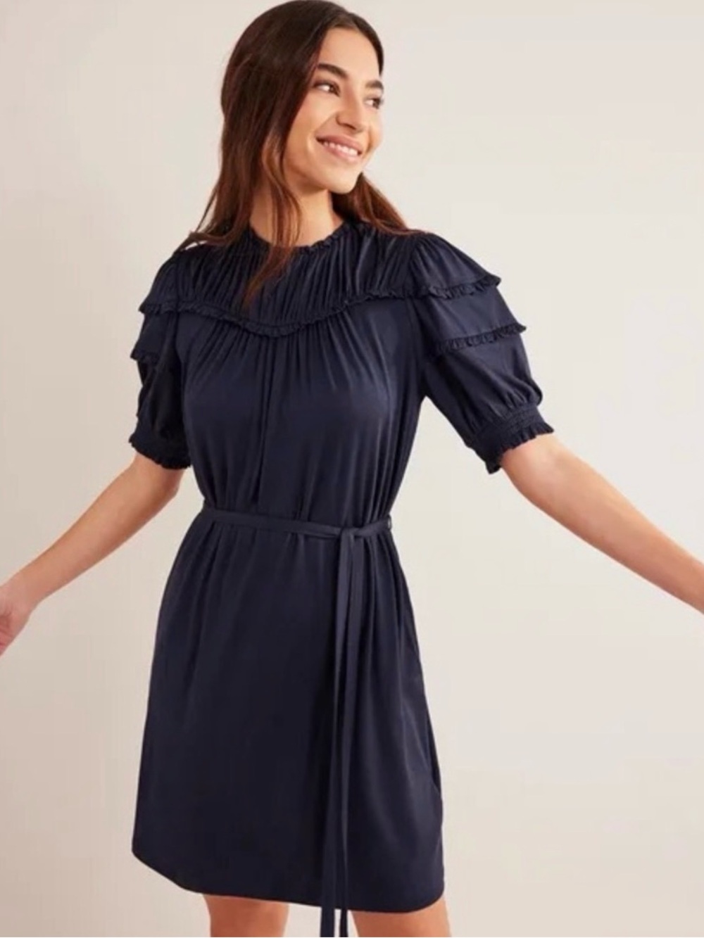 NWT boden yoke detail jersey mini dress navy blue short sleeve pockets D0529